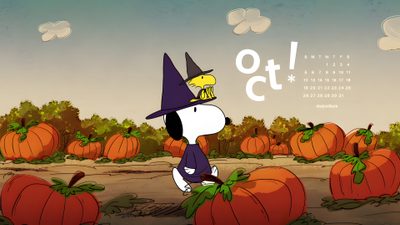 a cartoon dog wearing a witches hat standing in front of pumpkins Snoopy Halloween Chromebook Snoopy Fall Desktop, October Desktop, Snoopy Halloween Computer, gray