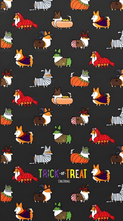 a black background with dogs and cats in sweaters on it's sides, as well as the words trick - or - treat Corgi Halloween Corgi Christmas Background For Phone, Corgi Halloween, Corgi Iphone, dark slate gray