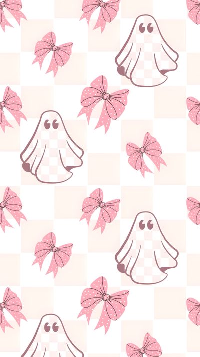 a pattern with pink bows and ghost heads on checkerboard background in pastel colors Halloween Bow Pink Halloween, Autumn Phone, October, Iphone Preppy, Halloween Iphone Backgrounds, seashell