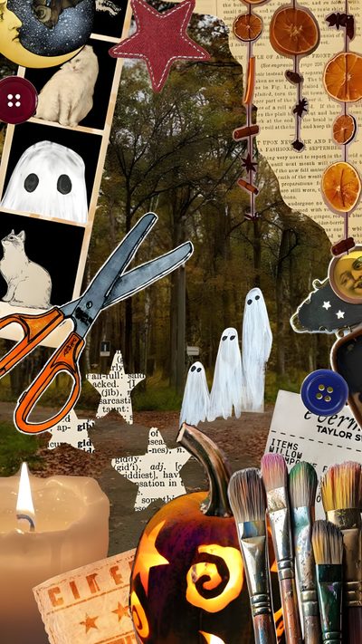 a collage of halloween images with candles, scissors and other items in the background Halloween Junk Halloween Collage Art, Halloween Scrapbook, Middle Grade Books, Collage, dark olive green