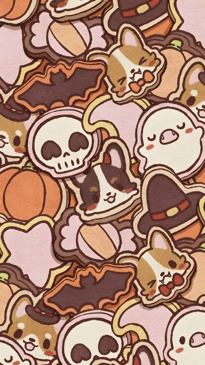 a pile of different kinds of cookies and pastries on a pink background with skulls Halloween Corgi Pattern Corgi, Cute Puppy, Puppy, Halloween Iphone, Halloween, Halloween Patterns, peru