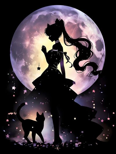 the silhouette of a girl and her cat in front of a full moon with stars Sailor Moon Halloween Sailor Moon And Luna, Luna Sailor Moon Crystal, Aesthetic Sailor Moon Luna, black