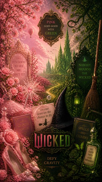 the wizard's hat and other items are on display in this poster, which features pink flowers Wicked Halloween Musicals Broadway, Wicked Background, Wicked Printable, Wicked Poster, Wicked, saddle brown