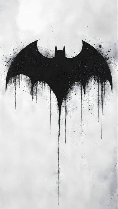a black and white photo of a bat with dripping paint on it's side Batman Halloween Aesthetic Devil Drawing, Batman Tattoo Face, Batman Drawing Print, Logo Batman, gainsboro