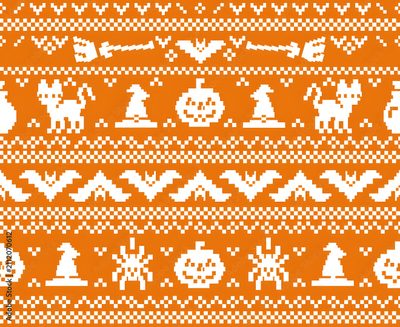 an orange and white knitted pattern with christmas trees, snowflakes, and reindeers Halloween Fair Isle Halloween Sweater, Witch Hat, Ugly Sweater, Knitting Designs, Bat, Being Ugly, chocolate