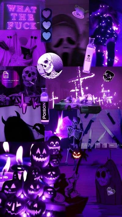 purple and black halloween collage with skulls, jack - o'- lanternes, candles Purple Edgy Aesthetic Halloween Halloween Party Decoration Ideas, Halloween Themed Decor, Purple Halloween Collage, indigo