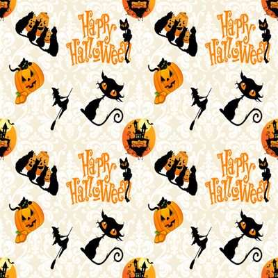a halloween pattern with black cats and pumpkins on a white background that says happy halloween Halloween Dollhouse Dolls House Halloween, Miniature Halloween Printables, Haunted House Paper Pack, antique white