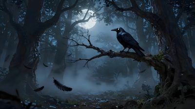 a black bird sitting on top of a tree branch in the middle of a forest Halloween Crow Dark Custom Computer, Pc, Good Night, Forest, dark slate gray