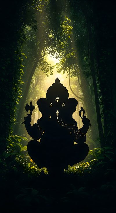 an elephant statue sitting in the middle of a forest filled with trees and bushes, surrounded by sunlight beams Ganesh Halloween Ganesha Silhouette, Black Ganesha, Elephant In Mystical Forest, Dark Ganesha,