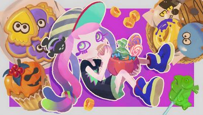 an image of some cartoon characters with candy and candies in front of them on a purple background Splatoon Halloween Kiriko Skins, Splatoon Harmony, Harmony Splatoon Official Art, rosy brown