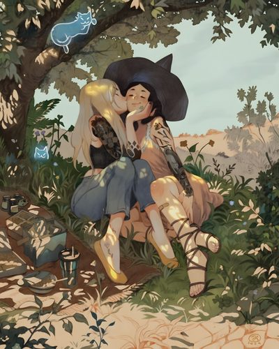 a painting of two people sitting on a tree branch in the woods, one is kissing the other's head Sapphic Halloween Lesbian Art, Art And Illustration, Lgbt Art, Koi, Art Reference, Gay Art, dim gray
