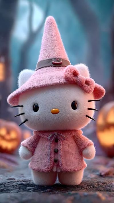 the hello kitty doll is wearing a pink coat and hat with pumpkins in the background Halloween With Hello Kitty In A Hat Good Vocabulary Words, Good Vocabulary, Hello Kitty, Kitty, dim gray