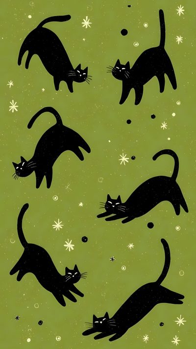 black cats on green background with snowflakes and stars in the sky, all looking at each other Halloween Black Cat Green Fondos De Pantalla Para Ipad, Phone Patterns, Cute Patterns, Cat, olive drab