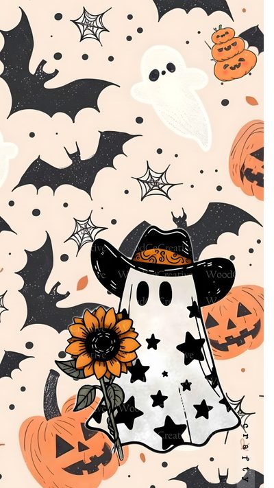 a halloween card with a scarecrow wearing a hat and holding a sunflower in front of bats Halloween Iphone 13 Autumn Halloween Decor, Cute Halloween Ghost With Sunflower, Diy Halloween Decorations, antique white