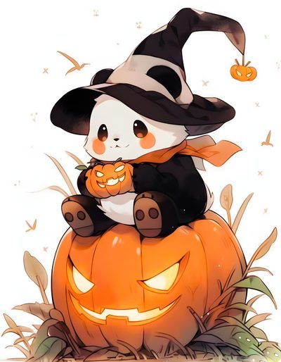 a panda bear sitting on top of a pumpkin Halloween Panda Halloween Panda Drawing, Panda Ghost, Cute Panda Pfp, Cute Halloween Panda, light pink