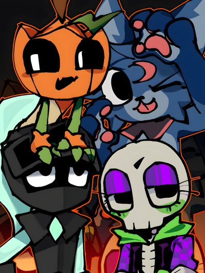 an image of three cartoon cats with pumpkins on their heads and one cat wearing a skeleton costume Dandys World Halloween Toons Halloween Toons Fanart, Dw Fan Art, Halloween Toons, dark slate gray