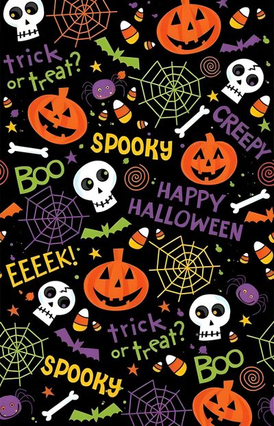 a halloween themed background with skulls and jack - o'- lanternes on black Halloween Fabric Candy Halloween Design Halloween Themed Design, Halloween Themed For Kids, Halloween Wall Paper Design, black
