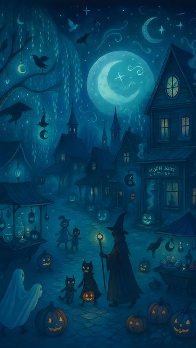 an image of a halloween scene with pumpkins and witches Blue Halloween Aesthetic Digital Art Halloween, Blue Halloween Aesthetic, Blue Halloween,