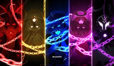 four different colored anime wallpapers with chains and glowing eyes on them, all in the same color Crk Halloween Crk Loading Screen Art, Cookie Run Kingdom Pc, Crk Discord Banner, The Virtues Crk, black
