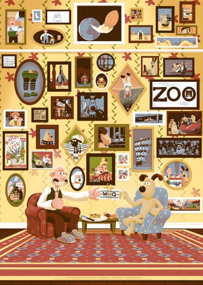 the simpsons family is sitting in their living room with pictures on the wall behind them Wallace And Gromit Halloween Background Wallace And Gromit House, Wallace And Gromit Poster, Aardman Fanart, dark khaki
