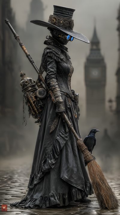 a woman dressed as a witch with a broom in her hand and a bird on her shoulder Halloween Steampunk Wicked Steampunk, Steampunk Scarecrow, Steampunk Ghost, dark slate gray