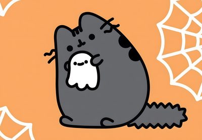 a cartoon cat with a ghost face on it's chest sitting in front of a spider web Desktop Pusheen Halloween Scaredy Cat Pusheen, Halloween Pusheen Ghost, Pusheen Fall Pfp, sandy brown