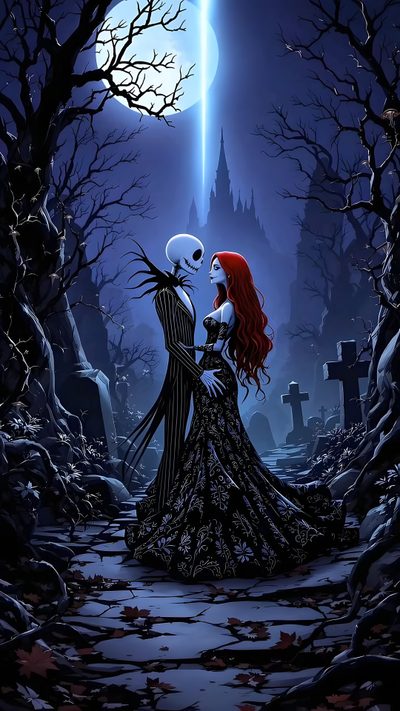a couple dressed up as jack and sally in front of a cemetery with the moon behind them Halloween Jack And Sally Nightmare Before Christmas Pictures, Sally Nightmare, Sally Nightmare Before Christmas, midnight blue