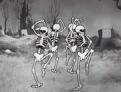 two skeletons dancing in the middle of a field Halloween Dancing Skeleton Spooky Scary Skeleton Dance Gif, Spooky Skeleton Dance Gif, Creeping Skeleton Gif, gray
