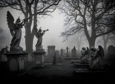 black and white photo of cemetery with angel statues in the foreground, foggy graveyard Gothic Halloween All Gray Grey By Angel Cemeteries Photography, Gothic Statue, Twisted Tree,
