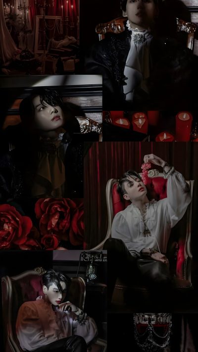 the collage shows two people sitting in chairs Jungkook Halloween Bts Vampire Group Photo, Jungkook Halloween, Vampire Jungkook, black