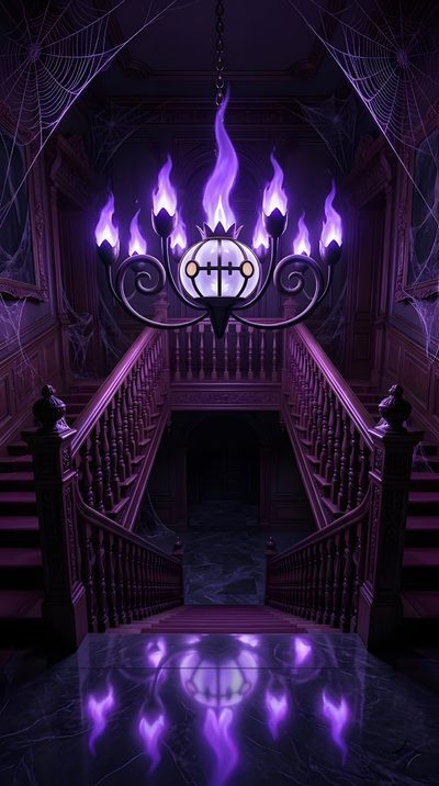 the stairs are lit up with purple flames Halloween Chandelier Chandelure Art, Haunted Pokemon, Pokemon Chandelure, Ghost Pokemon, Purple Flame, black