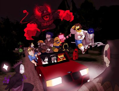 cartoon characters are riding in the back of a red car with an evil man on it Forsaken Halloween Zoo Wee Mama, Forsaken Halloween, Forsaken All Characters, Forsaken Art, black