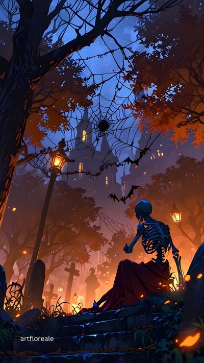 a skeleton sitting on top of a pile of pumpkins next to a forest filled with trees Halloween Attack Spooky Anime Background, Anime Halloween Phone, Halloween Lockscreen Aesthetic, dark slate gray