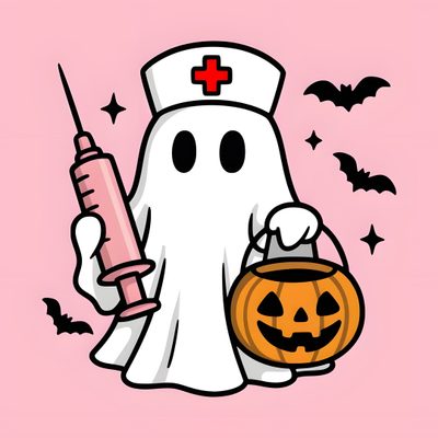 a cartoon ghost holding a pumpkin and a syringe Nurse Halloween Halloween Logo, Halloween Nurse, Ghost Nurse, Scary Nurse Pumpkin, Halloween Nursing, pink