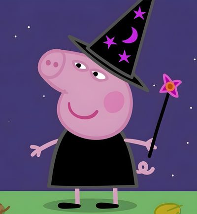 a cartoon pig with a witches hat holding a wand Peppa Pig Halloween Peppa Halloween, Peppa Pig, Cristiano Ronaldo, Minnie Mouse, Hello Kitty, dark slate blue