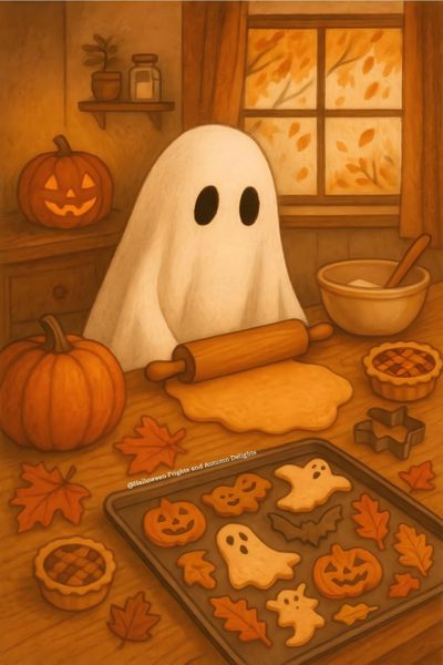 a painting of a ghost making cookies with pumpkins and other halloween decorations around it Halloween Cookie Fall Drawing Ideas Autumn Aesthetic, Cozy Fall Drawings, Cozy Fall Aesthetic Drawing, sienna