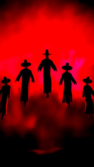 the silhouettes of five people wearing hats and coats are in front of a red sky Halloween Kpop Demon Hunters Kpop Demon Hunters Kpop Demon Hunters, Kpop Demon Hunters Saja Boys Demons, K Pop Demon Hunters Saja Boys Demon, maroon