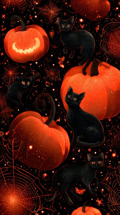 two black cats sitting on top of pumpkins with spider web in the air behind them Halloween Iphone Lock Screen Beautiful Halloween, Black Cat Halloween, Design, Halloween Cat Iphone,