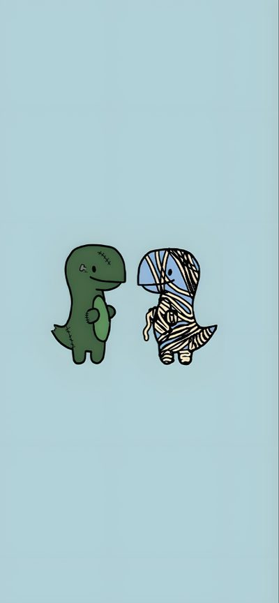two small dinosaurs are facing each other in the same direction on a light blue background Cute Halloween Dinosaur Matching Halloween Aesthetic, Matching Spooky, Spooky Matching, light steel blue