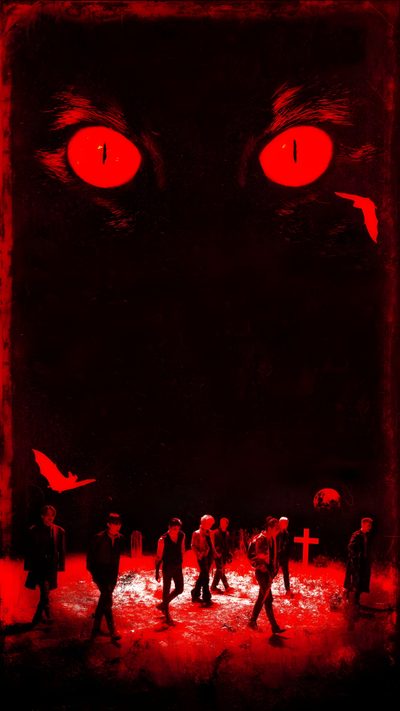 the black cat hero movie poster with red eyes and people walking in front of it Ateez Halloween Kpop Demon Hunters Cat Poster, Ateez Black Cat Nero, Ateez Hala Hala,