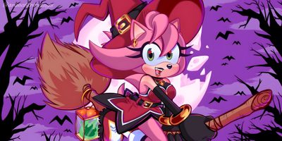 an image of a cartoon character holding a bat in front of the moon and bats Amy Rose Halloween Sonic Witch Rouge, Sonic X Halloween, Halloween Amy Rose, dark magenta