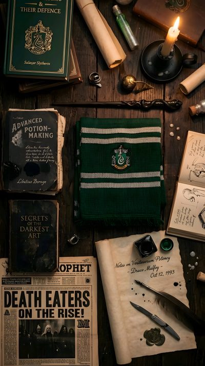 an assortment of harry potter books, pens and other items on a wooden table with a lit candle Slytherin Halloween Slytherin, Harry Potter Houses, Slytherin Aesthetic, Ravenclaw, Pin Collection, black