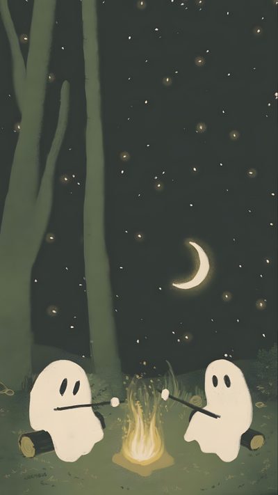 two ghost sitting around a campfire in the woods Aesthetic Sage Green Halloween Søte Tegninger, Halloween Iphone Backgrounds, Halloween Backgrounds, dark slate gray