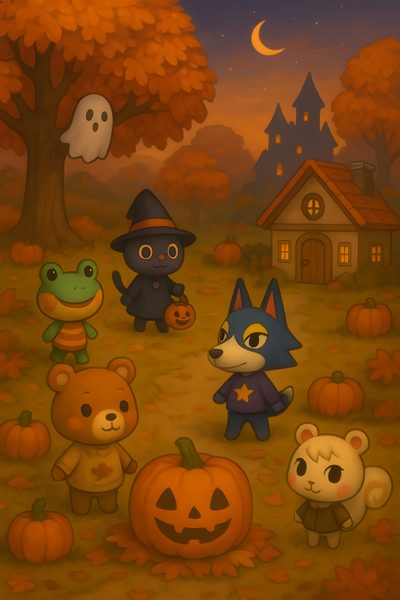a group of cartoon animals standing next to each other in front of a pumpkin house Animal Crossing Halloween Acnh Spooky, Animal Crossing Halloween 2025, Acnh Autumn, Acnh Fall, saddle brown