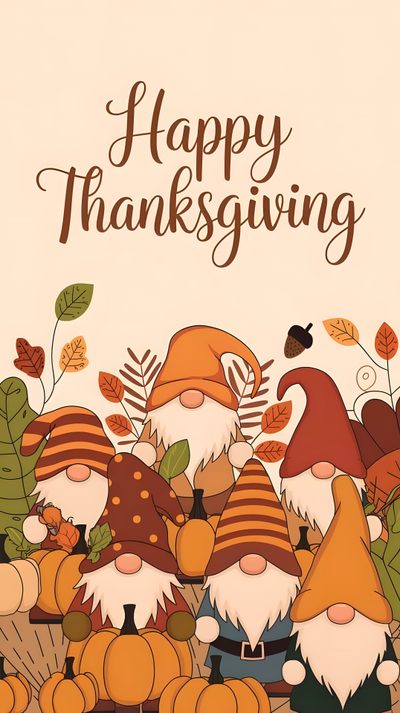 a thanksgiving card with gnomes and pumpkins in the background, says happy thanksgiving Halloween Thanksgiving Thanksgiving, Cute Cute Thanksgiving, Thanks Giving Walpapper, peach puff