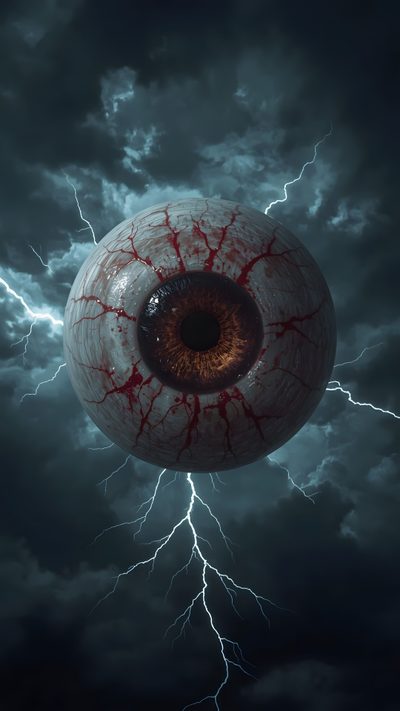 an eyeball in the middle of a dark sky with lightning coming from behind it Eyeball Halloween Eyeball Screensaver, Iphone Background, Green Goblin, Nature Aesthetic, dark slate gray