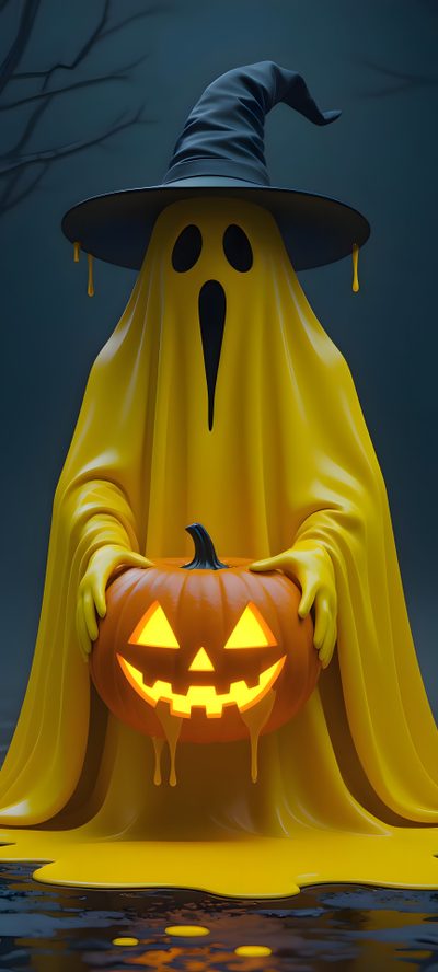 a halloween pumpkin sitting in the middle of a pond with a ghost on it's head Halloween Slime Hd Cool, Halloween, Art, Iphone, Cool Art, dark olive green
