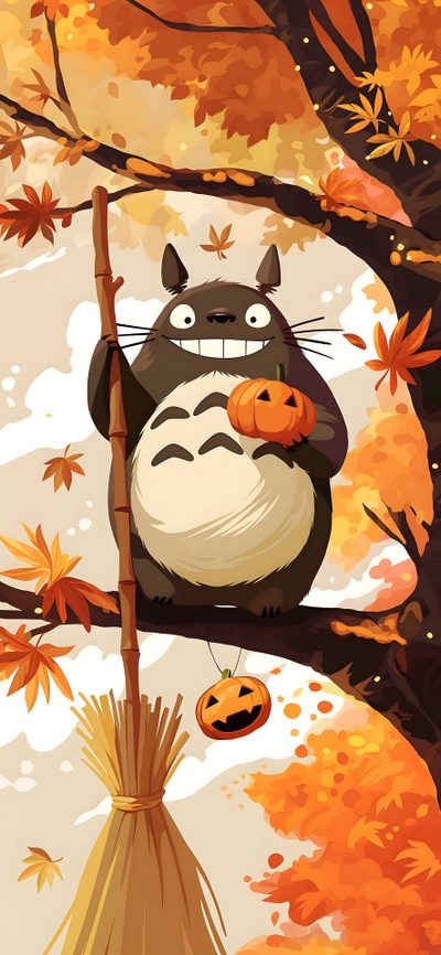 a totoro sitting on top of a tree branch with pumpkins hanging from it Japanese Halloween Totoro Christmas, Studio Ghibli Halloween, Halloween Totoro, Ghibli Halloween, peru