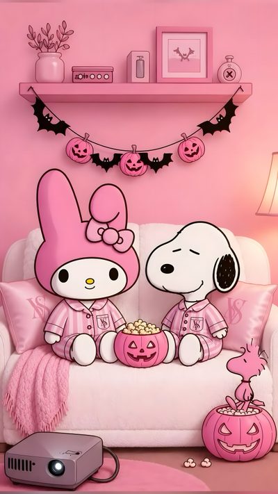 a cartoon dog sitting on top of a white couch next to a pink wall with halloween decorations Pink Snoopy Halloween Cute Halloween Pics, Hello Kitty Backgrounds, Hello Kitty Accessories, pale violet red