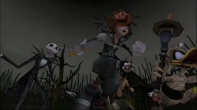 three animated characters dressed up in halloween costumes and holding knives, walking through a cornfield at night Sora Halloween Town 1920x1080 Kingdom Hearts Nightmare Before Christmas, Oogie Boogie Kingdom Hearts, Kingdom Hearts Horror, dark slate gray